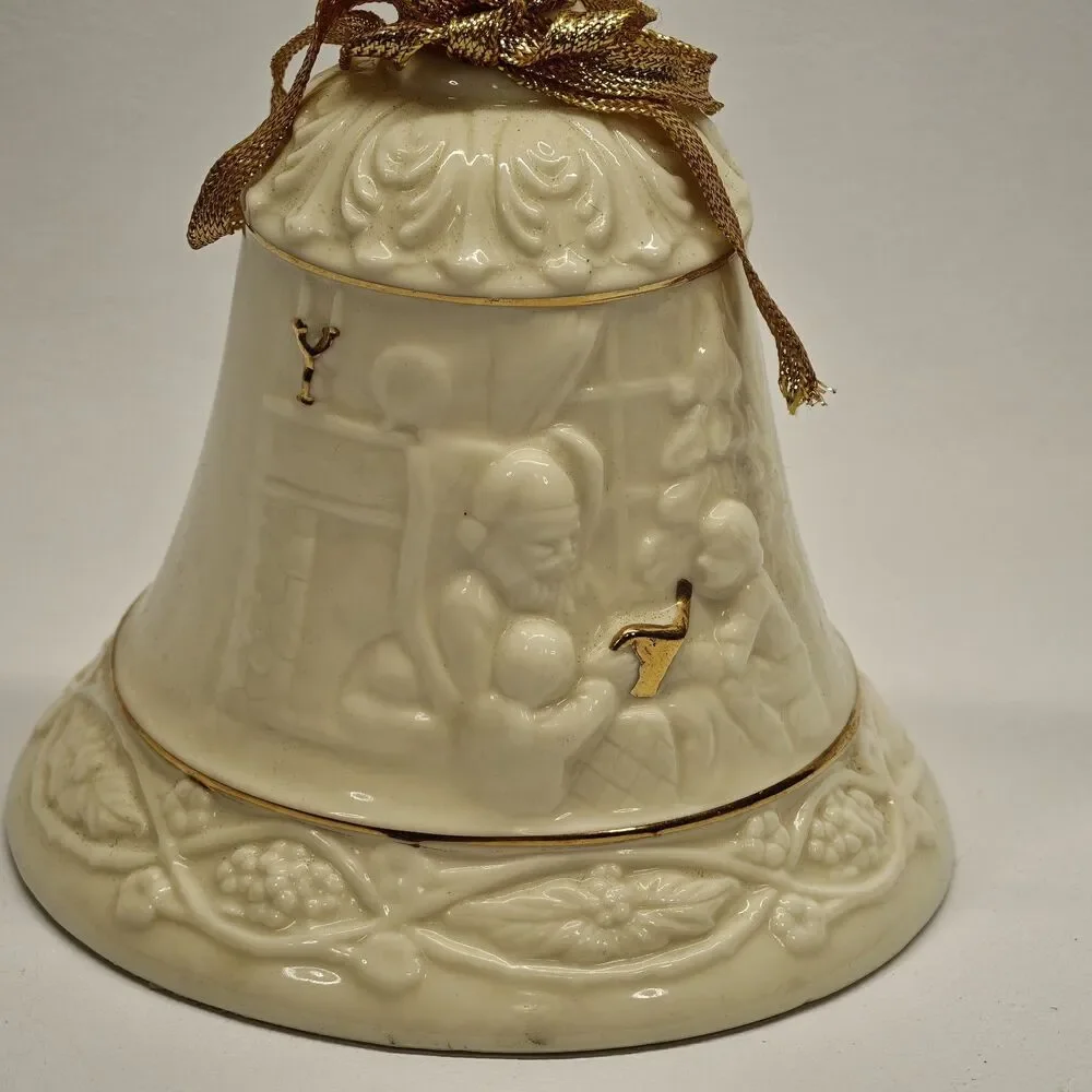 Vintage Ivory Porcelain Christmas Bell Santa Reading Children Gold Trim 7 Inch